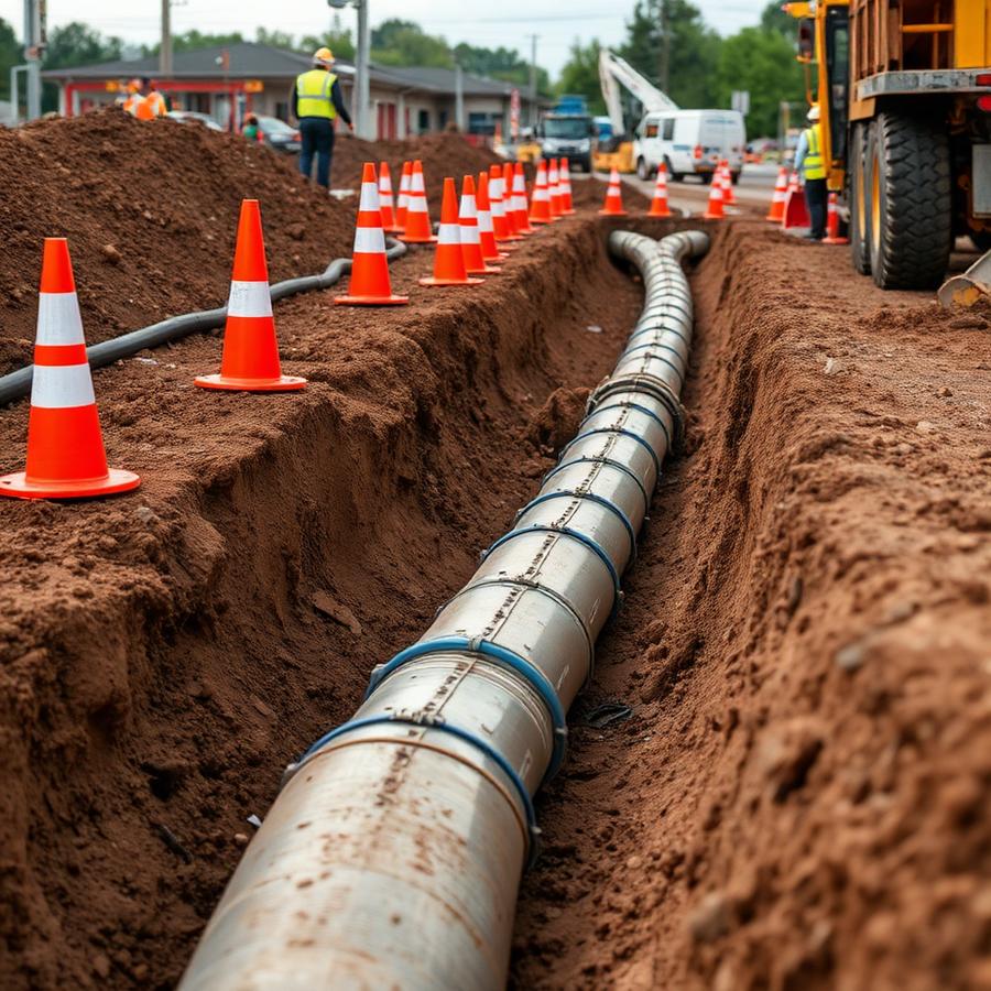 Commercial sewer line repair work site